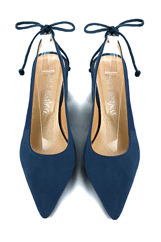 Navy blue women's slingback shoes. Pointed toe. Medium flare heels. Top view - Florence KOOIJMAN
